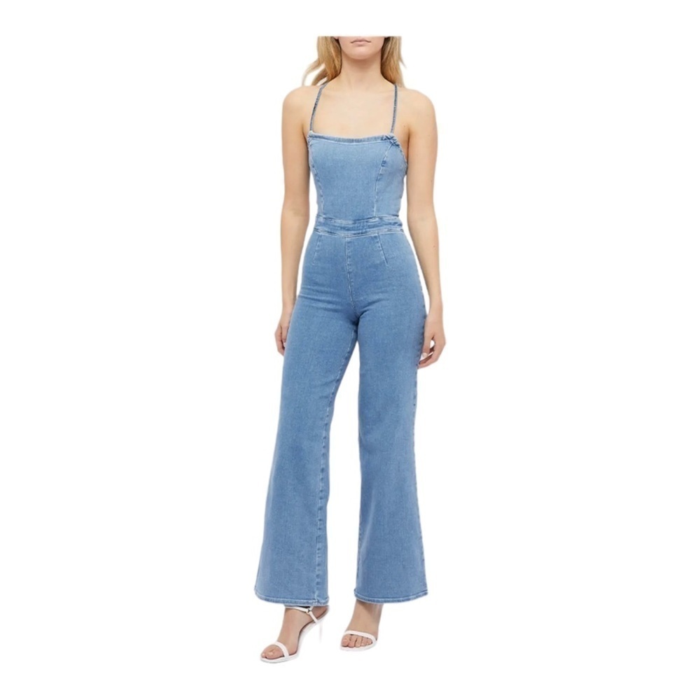 GOOD AMERICAN Vacay Denim Tie Back Flare Leg Jumpsuit NWT Size 0 - Picture 6 of 13